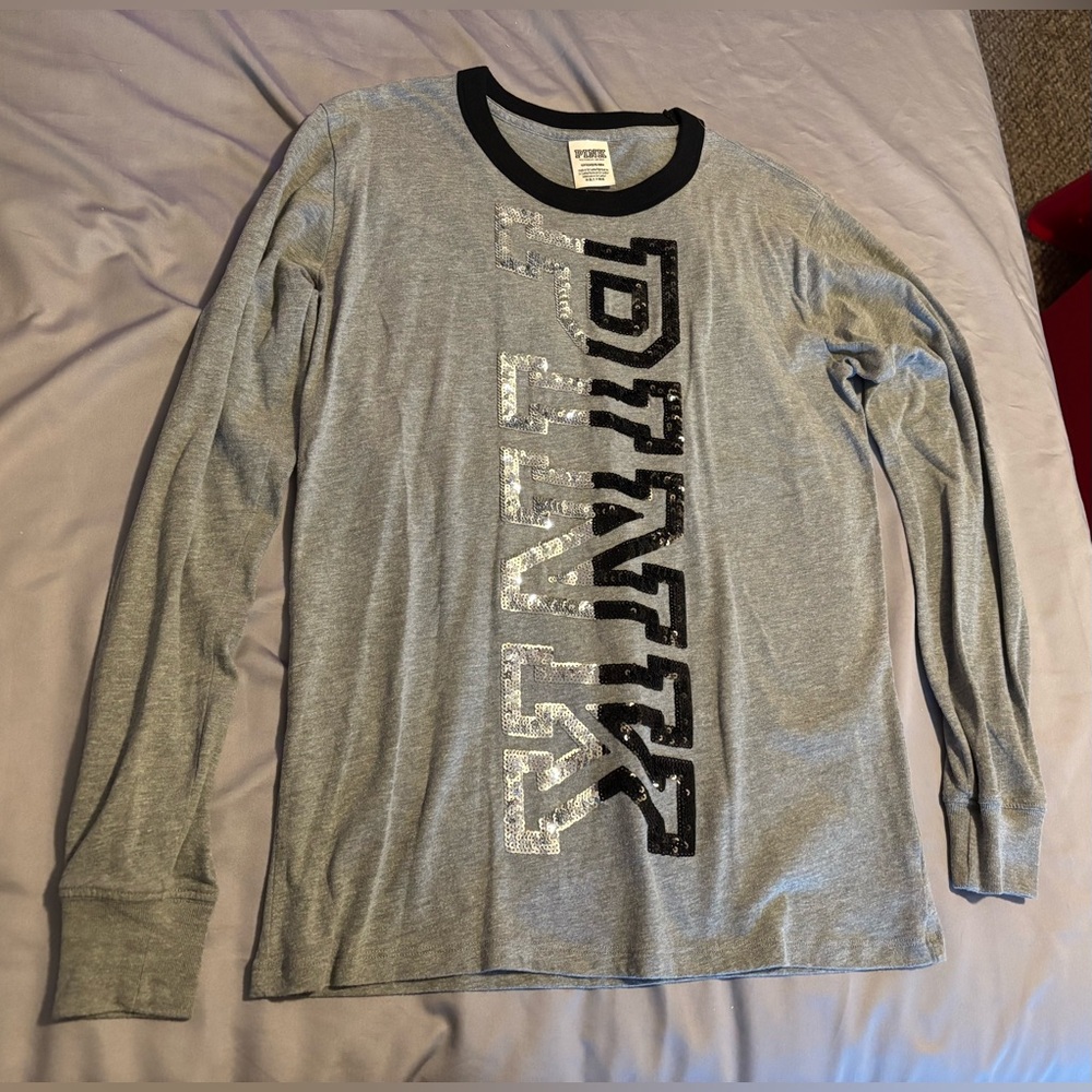 Victoria’s Secret PINK Gray With Silver/Black Bling Long Sleeve Top Size S